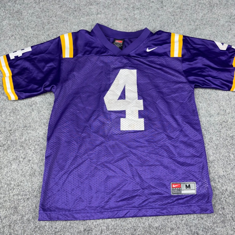 Nike Football Jersey Kids Medium Purple Short Sleeve Mesh Athletic Shirt Num 4